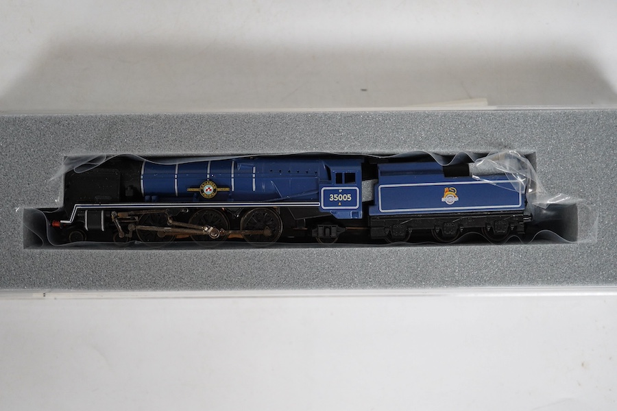 Two boxed Graham Farish N gauge railway BR Merchant Navy Class locomotives; British India Line 35018 (372-300) and Canadian Pacific 35005 (372-301). Condition - good.
